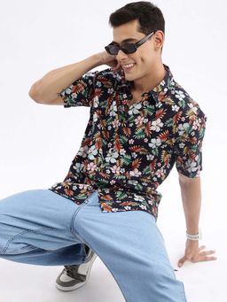 SHOWOFF - Mens Short Sleeves Floral Slim Fit Black Shirt