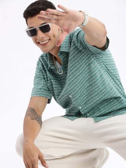 SHOWOFF - Mens Short Sleeves Printed Slim Fit Green Shirt