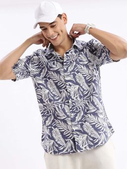 SHOWOFFFF - Mens Short Sleeves Printed Slim Fit Blue Shirt