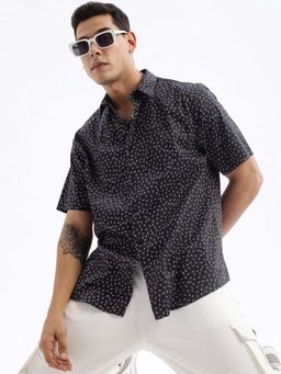 SHOWOFF - Mens Short Sleeves Printed Slim Fit Black Shirt