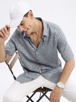 SHOWOFF - Mens Short Sleeves Floral Slim Fit Blue Shirt