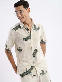 SHOWOFF - Mens Short Sleeves Printed Slim Fit Cream Shirt