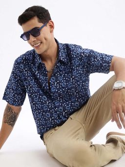 SHOWOFF - Mens Short Sleeves Printed Slim Fit Navy Blue Shirt