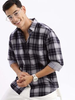 SHOWOFF - Mens Long Sleeves Tartan Checks Slim Fit Navy Blue Shirt