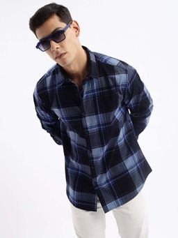 SHOWOFF - Mens Long Sleeves Tartan Checks Slim Fit Navy Blue Shirt