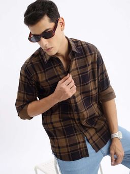 SHOWOFF - Mens Long Sleeves Tartan Checks Slim Fit Brown Shirt