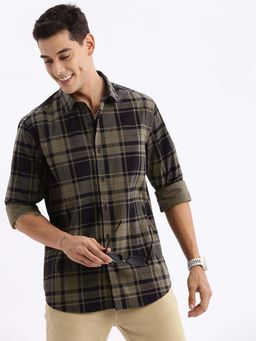 SHOWOFFFF - Mens Long Sleeves Tartan Checks Slim Fit Green Shirt