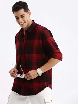 SHOWOFF - Mens Long Sleeves Tartan Checks Slim Fit Red Shirt