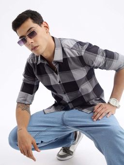 SHOWOFF - Mens Long Sleeves Tartan Checks Slim Fit Grey Shirt