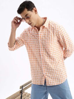 SHOWOFFFF - Mens Long Sleeves Gingham Checks Slim Fit Orange Shirt