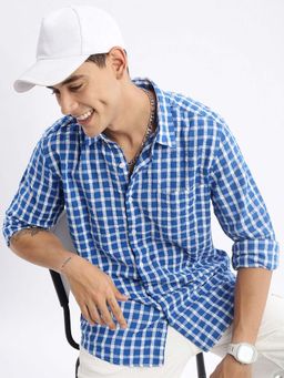 SHOWOFFFF - Mens Long Sleeves Gingham Checks Slim Fit Blue Shirt