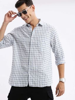 SHOWOFFFF - Mens Long Sleeves Gingham Checks Slim Fit Grey Shirt