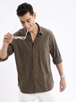 SHOWOFFFF - Mens Long Sleeves Gingham Checks Slim Fit Olive Shirt