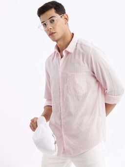 SHOWOFF - Mens Long Sleeves Stripes Slim Fit Pink Shirt