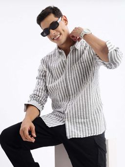 SHOWOFFFF - Mens Long Sleeves Stripes Slim Fit Grey Shirt