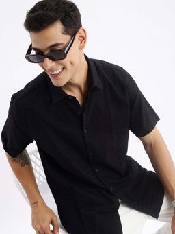 SHOWOFF - Mens Short Sleeves Solid Slim Fit Black Shirt