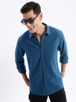 SHOWOFFFF - Mens Long Sleeves Solid Slim Fit Teal Shirt