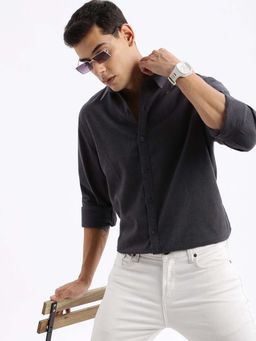 SHOWOFF - Mens Long Sleeves Solid Slim Fit Grey Shirt