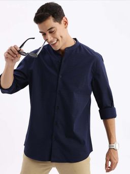 SHOWOFF - Mens Long Sleeves Solid Slim Fit Navy Blue Shirt