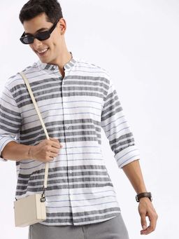SHOWOFFFF - Mens Long Sleeves Stripes Slim Fit White Shirt