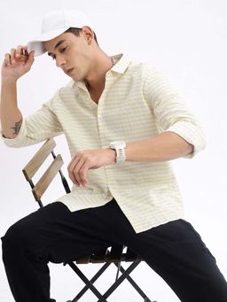 SHOWOFF - Mens Long Sleeves Gingham Stripes Slim Fit Yellow Shirt