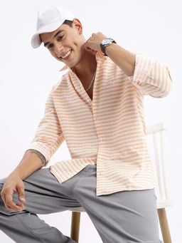 SHOWOFF - Mens Long Sleeves Gingham Stripes Slim Fit Orange Shirt