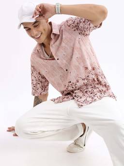 SHOWOFFFF - Mens Short Sleeves Printed Slim Fit Peach Shirt