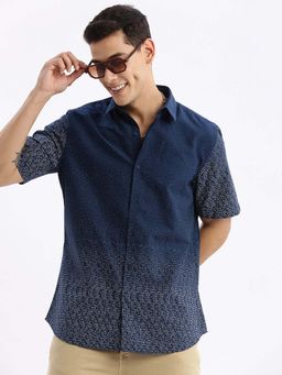 SHOWOFF - Mens Short Sleeves Micro Print Slim Fit Navy Blue Shirt