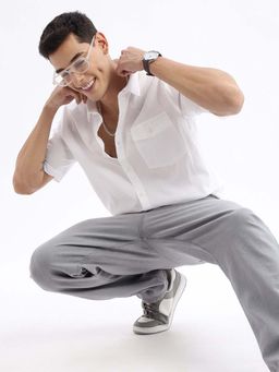 SHOWOFFFF - Mens Long Sleeves Textured Slim Fit White Shirt