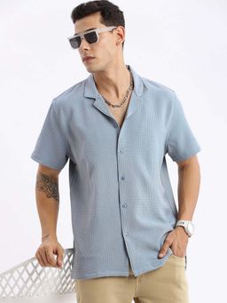 SHOWOFF - Mens Cuban Collar Textured Relaxed Fit Blue Shirt