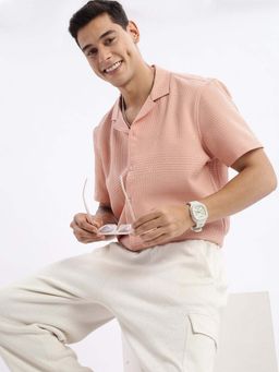 SHOWOFF - Mens Cuban Collar Textured Relaxed Fit Peach Shirt