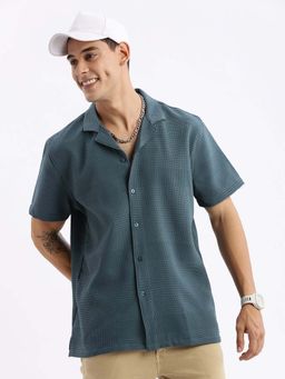 SHOWOFF - Mens Cuban Collar Textured Relaxed Fit Teal Shirt