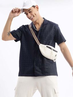 SHOWOFF - Mens Cuban Collar Textured Relaxed Fit Black Shirt