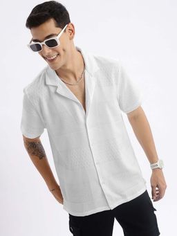 SHOWOFFFF - Mens Cuban Collar Self Design Relaxed Fit White Shirt