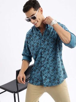 SHOWOFF - Mens Long Sleeves Printed Slim Fit Teal Shirt
