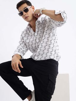 SHOWOFFFF - Mens Long Sleeves Geometric Slim Fit White Shirt