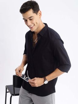 SHOWOFF - Mens Long Sleeves Solid Slim Fit Black Shirt