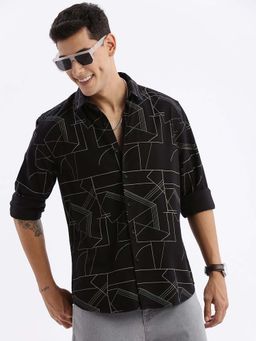 SHOWOFF - Mens Long Sleeves Geometric Slim Fit Black Shirt