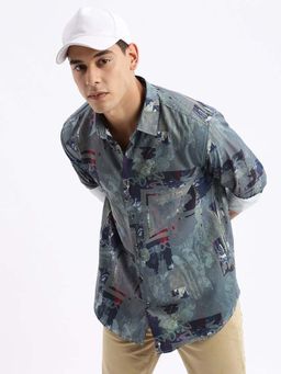 SHOWOFF - Mens Long Sleeves Abstract Slim Fit Grey Shirt