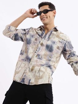 SHOWOFF - Mens Long Sleeves Abstract Slim Fit Beige Shirt
