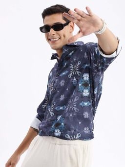SHOWOFF - Mens Long Sleeves Abstract Slim Fit Blue Shirt