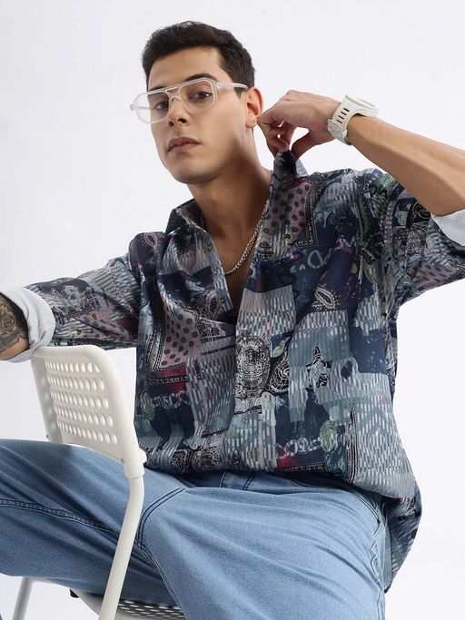 SHOWOFFFF Mens Long Sleeves Abstract Slim Fit Multi Shirt