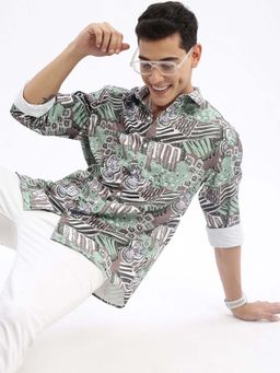 SHOWOFF - Mens Long Sleeves Abstract Slim Fit Green Shirt
