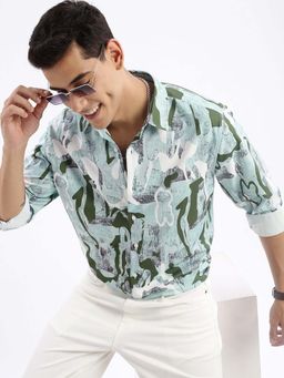 SHOWOFF - Mens Long Sleeves Abstract Slim Fit Sea Green Shirt