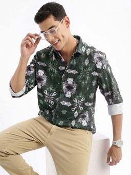 SHOWOFF - Mens Long Sleeves Abstract Slim Fit Green Shirt