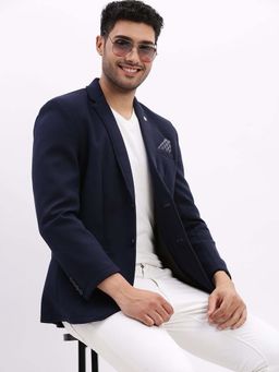 SHOWOFFFF - Mens Solid Notched Lapel Navy Blue Single Breasted Blazer