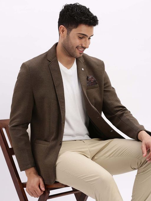 SHOWOFFFF Mens Solid Notched Lapel Olive Single Breasted Blazer