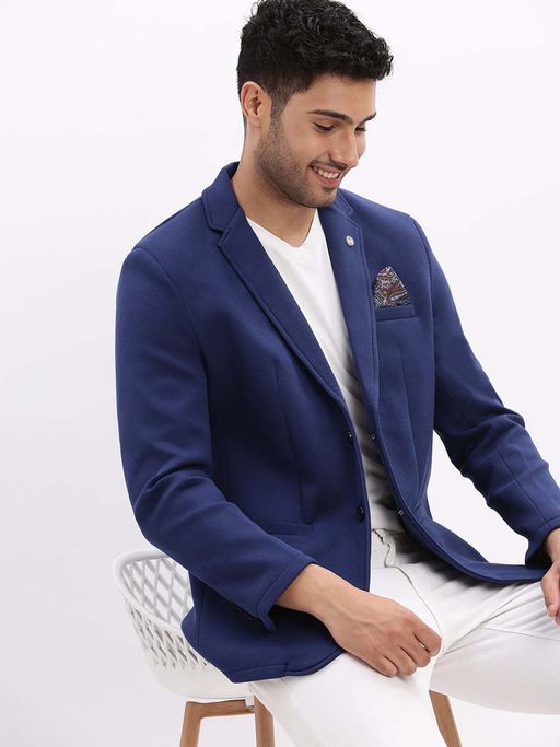 SHOWOFFFF Mens Solid Notched Lapel Blue Single Breasted Blazer