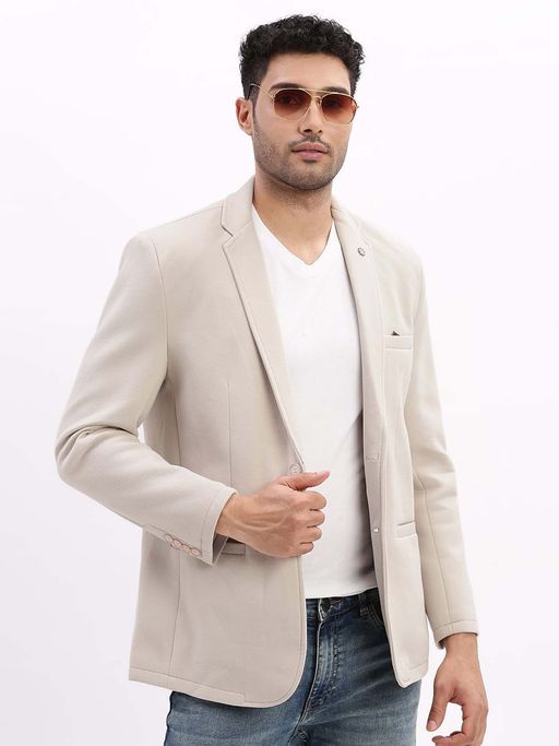 SHOWOFFFF Mens Solid Notched Lapel Cream Single Breasted Blazer