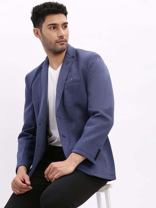 SHOWOFFFF Mens Solid Notched Lapel Blue Single Breasted Blazer